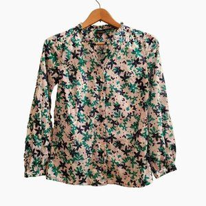 Talbots Long Sleeve Button Front Shirt, Size XS Green Blue Flowers Cotton Ruffle